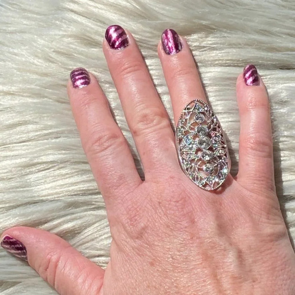 Beautiful Silver with Sparkling Rhinestones Fashion Statement Ring - Picture 3 of 13